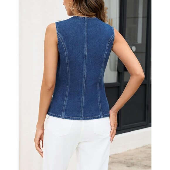 Women’s Sleeveless Denim Vest Crop Top Casual Western Button Down - Picture 5 of 5